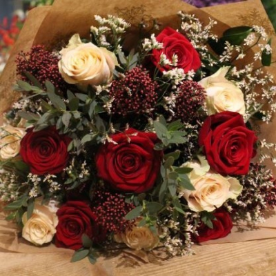 Christmas Romance Bouquet- Florist in Horwich - The Christmas romance bouquet contains a beautiful, selection of exquisite roses and foliage which will be hand-tied ready to be placed into a vase.